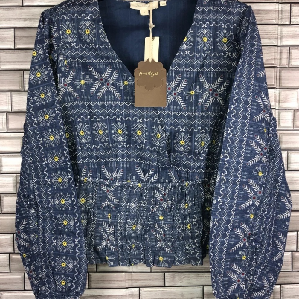 NEW! Anthropologie Forever That Girl Blue Boho Long Sleeve Blouse Size Medium - Picture 2 of 9